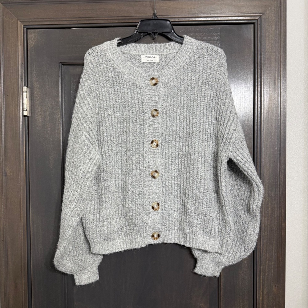 Zenana Womens Gray Marl Knit Button Front Cardigan Balloon Sleeve Sweater L